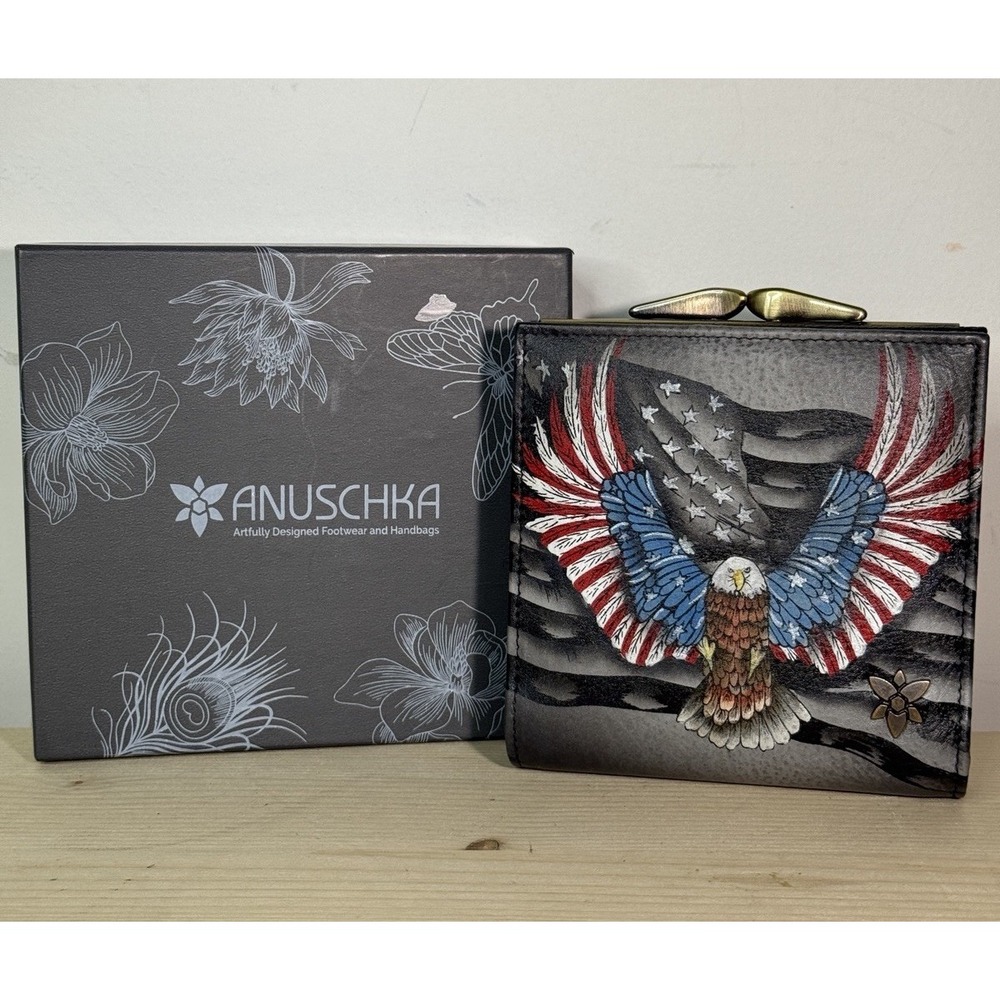 Anuschka Hand Painted Leather 2-Fold Organizer Wallet Coin Pocket w/ Box